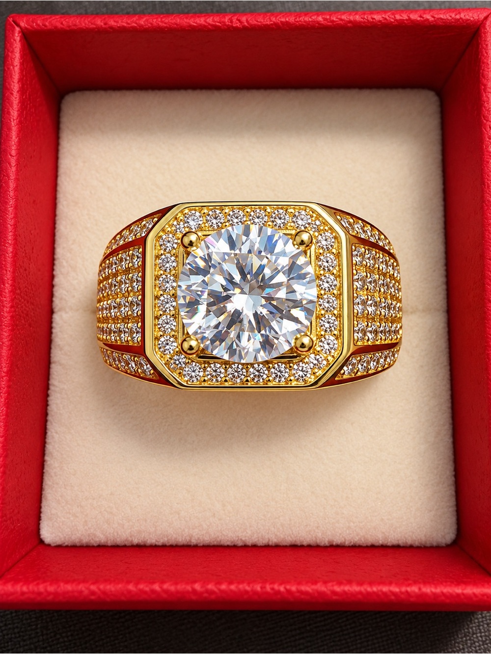 2 CT Moissanite Men’s Gold-Plated Statement Ring – Adjustable